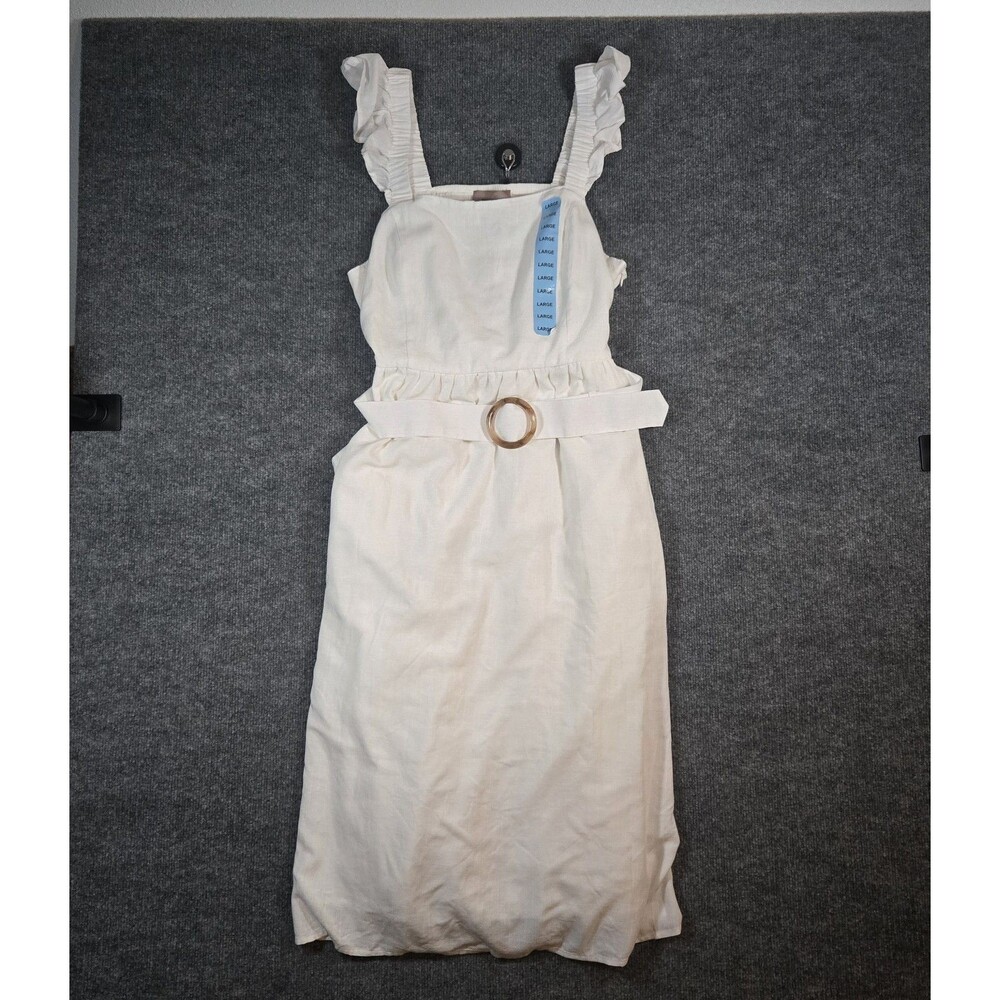 French Connection Dress Womens L White Ruffle Strap Belted Midi NWT Smocked